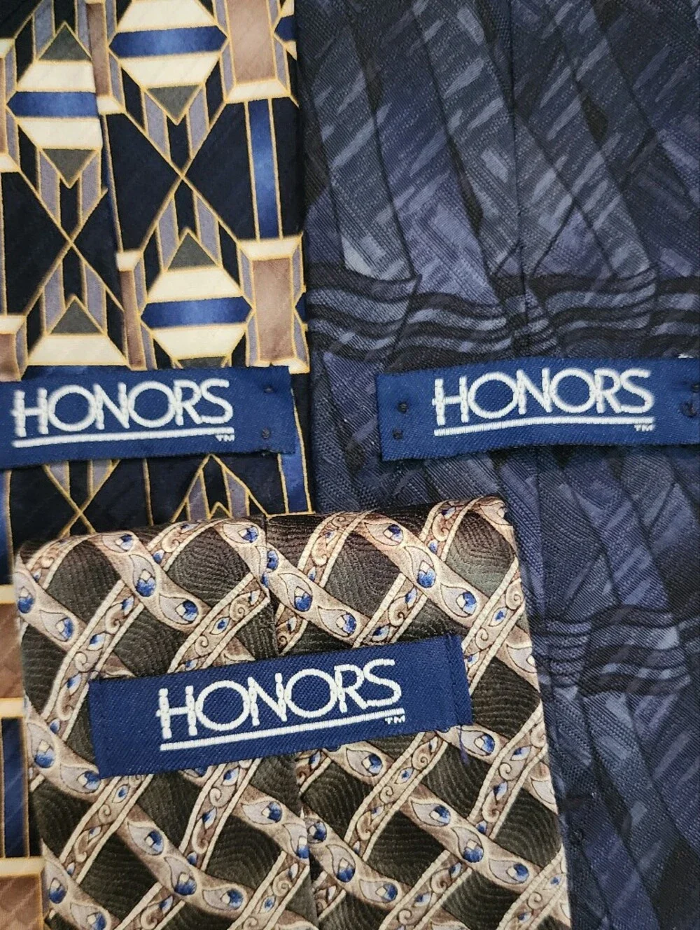 3pc HONORS 100% Silk Men’s Tie Lot Made in USA Navy Geometric Neckties
